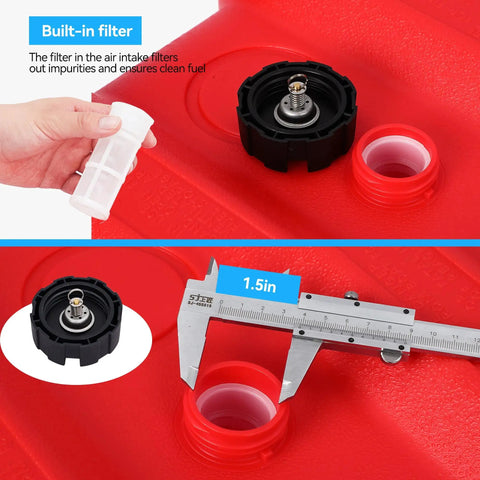 14-Gallon Boat Fuel Tank With Leak-Proof Vent Cap shown with built-in filter and measurement detail