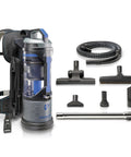 Powerhouse Lightweight Bagless Backpack Vacuum With Killer Suction, includes hose, nozzle attachments, and HEPA filter.