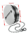 Keyless 50mm Boat Deck Fill Cap In Marine Grade 316 Stainless Steel, Polished Silver with chain, showing dimensions in inches.