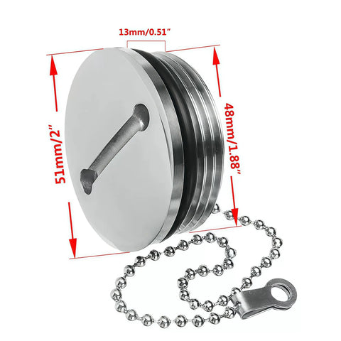 Keyless 50mm Boat Deck Fill Cap In Marine Grade 316 Stainless Steel, Polished Silver with chain, showing dimensions in inches.