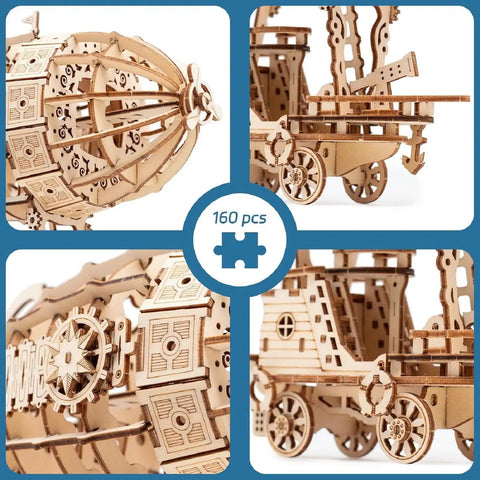 Close-up collage of the 3D Wooden Airship Puzzle for Grown-Ups and Kids DIY Model Kit Brain Teaser with Laser Cut Plywood Craftsmanship