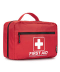 Red rectangular first aid kit bag with front zippered pocket and carrying handle.