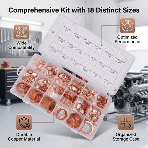 Go-To Copper Crush Washer Set Kit 350 Pcs in 18 Sizes for Automotive, Marine, Plumbing and Oil Drain Plug Seals - Pro Grade Copper Gasket Assortment for Premium Material Washers. copper washer kit in organized case