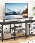 TV Stand For Televisions Up To 55 Inch With Built In Power Outlet And USB Ports Type C Port Open Storage Shelves Black Entertainment Console Table For Living Room And Bedroom Slick Cable Management with TV and accessories.