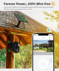 Solar-Powered Wireless Outdoor Security Camera With 360 Degree Pan-Tilt mounted on a wooden shed with smartphone screen showing camera view
