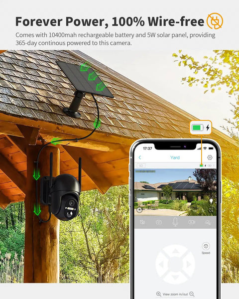 Solar-Powered Wireless Outdoor Security Camera With 360 Degree Pan-Tilt mounted on a wooden shed with smartphone screen showing camera view
