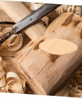Real Deal Hardwood Biscuits 100 Pack Precision Joiner Slots on wooden log with shavings and tool for woodworking.