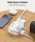 360 Degree Rotating Flat Plug Surge Protector Power Strip With 1 Foot Extension Cord For Tight Behind Furniture Spaces And Heavy Nightstands on wooden table.
