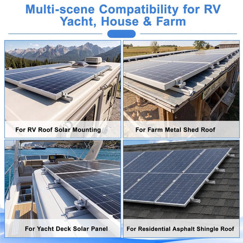 Kickass Heavy Duty Anodized Aluminum Solar Panel Roof Mount Hardware Kit For Four Panels Side By Side DIY install on RV and yacht roofs.