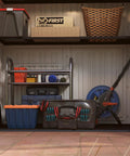 Interior view of a Vertical Resin Outdoor Storage Shed For Tools And Patio Gear Waterproof Garden Cabinet 386 Gallon Capacity 4.5 x 2.3 Ft Backyard Mower Storage Light Grey Weatherproof Durable, showing shelving with tools and storage boxes.