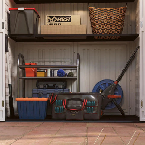 Interior view of a Vertical Resin Outdoor Storage Shed For Tools And Patio Gear Waterproof Garden Cabinet 386 Gallon Capacity 4.5 x 2.3 Ft Backyard Mower Storage Light Grey Weatherproof Durable, showing shelving with tools and storage boxes.