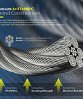 One Quarter Inch Stainless Steel Cable, 350 Feet Of Aircraft Wire Rope With Clamps And Thimbles For Your Backyard Zipline, String Lights, And Deck Railing, Built Tough With Six By Thirty Seven IWRC Construction, close-up view.