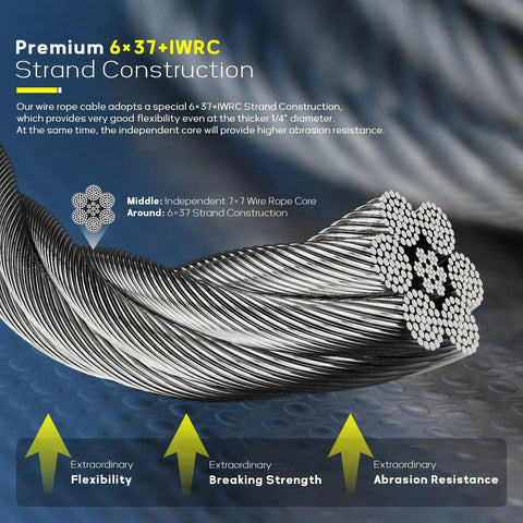 One Quarter Inch Stainless Steel Cable, 350 Feet Of Aircraft Wire Rope With Clamps And Thimbles For Your Backyard Zipline, String Lights, And Deck Railing, Built Tough With Six By Thirty Seven IWRC Construction, close-up view.
