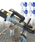 Job Site Beast Heavy Duty Electric Rebar Bender And Steel Cutter 1800W showing steel bar bender on construction site with workers.