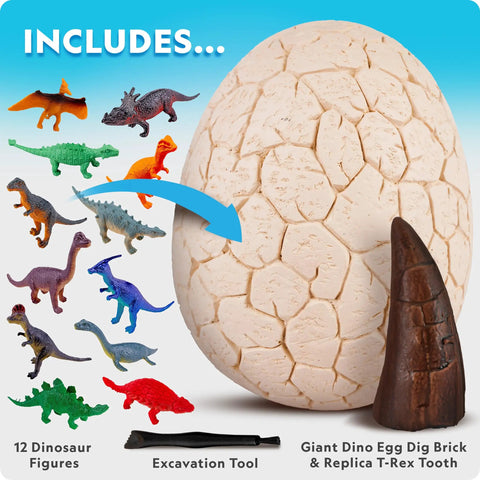 Mega Dinosaur Egg Dig Kit With 12 Dino Figures, Jumbo Excavation Brick Over 6 Inches Tall, Realistic Tools For Uncovering Fossil Fun And Hands On Paleontology Play. Includes 12 dinosaur figures, dig tool, and replica T-Rex tooth.
