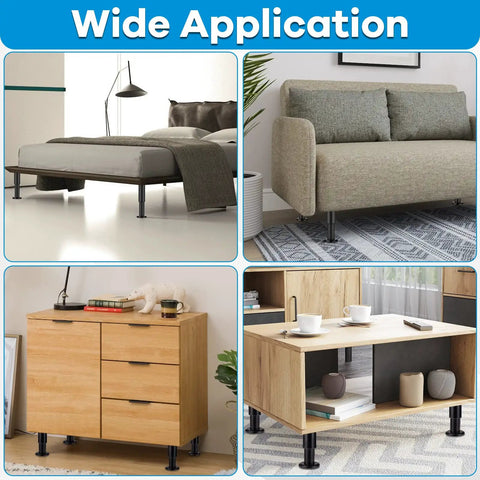 Heavy Duty Metal Adjustable Furniture Legs Set Of 4, 4.7 To 7 Inch used in bed, couch, dresser, table; black finish, wide base.