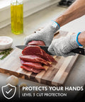Ultra Safe Cut Resistant Gloves Level 5 Protection for kitchen meat handling, shown in use while cutting raw beef, XL size.