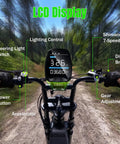 LCD display of High Power 1500W Peak Fat Tire Electric Bike for Adults, showing speed and features. Background forest trail.