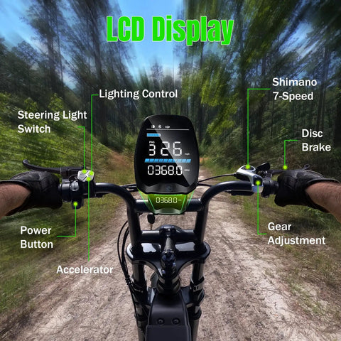 LCD display of High Power 1500W Peak Fat Tire Electric Bike for Adults, showing speed and features. Background forest trail.