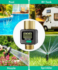 Water Flow Meter With Brass Inlet And Outlet For Garden Hose And RV Use displayed alongside a pool, RV, nozzle, and sprinkler.