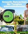 Wall-mounted retractable garden hose reel 100 ft half inch auto rewind with tangle-free guide, woman using 10 pattern nozzle.