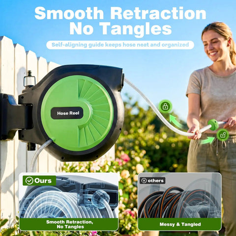 Wall-mounted retractable garden hose reel 100 ft half inch auto rewind with tangle-free guide, woman using 10 pattern nozzle.