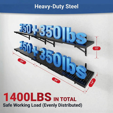 Two Pack 1x6ft Perforated Garage Shelving System With Beefy Duty Wall Shelves 1400 Lbs Total Load 700 Lbs Per Tier Two 1x3 Ft Shelves Per Tier Easy Mount Great For Quick No Nonsense Garage Organization. Black steel wall shelves, 34x14x15 in, 1400 lbs total load.
