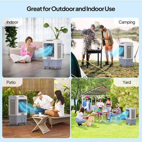 Heavy Duty 13.2 Gallon Evaporative Air Cooler And Portable Swamp Fan With Remote 4100 CFM Airflow shown in indoor, patio, yard, and camping settings.
