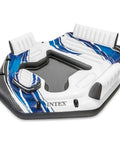 Blue Tropic Inflatable Five Person Pool Island Lounge Raft with backrests, cooler, cupholders for lake or pool day party.