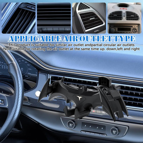 Bat Wings Car Phone Holder With Universal Air Vent Mount and Mechanical Wing Design for Ultra Stable Hands Free Phone Access On The Road, shown on car dashboard vents.