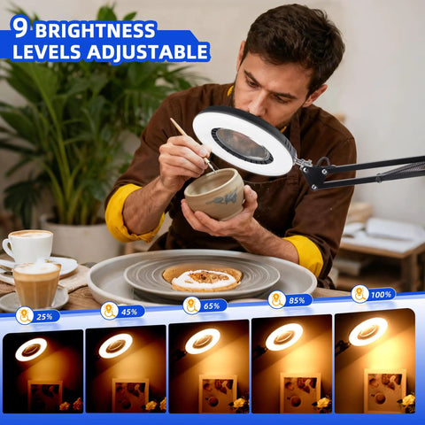 Man using 12X Magnifying Glass With Light And Stand, 144 LED Desk Magnifier Lamp With Clamp for detailed pottery work.