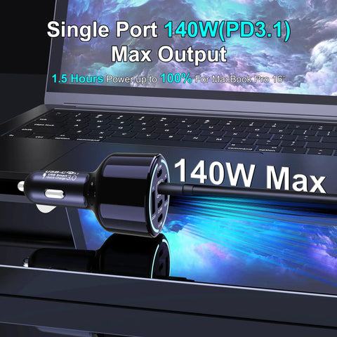 Straight Fire 300W Usb C Car Charger With Six Ports Smart Pd 3 1 Fast Charging Adapter on laptop keyboard showing 140W max output.