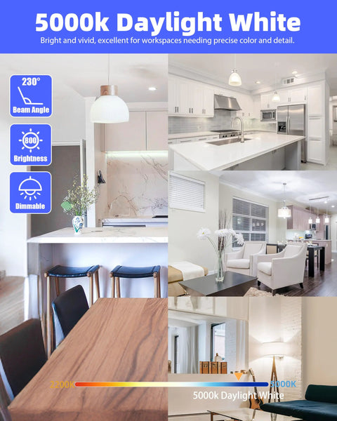 Dimmable A19 LED Light Bulbs 5000K Crisp Daylight, 9.5W showcasing bright indoor lighting in various room settings