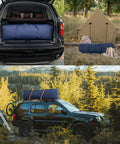 Massive 46 Inch Extra Large Zippered Duffel Bag in black SUV trunk and on camping ground with tent visible