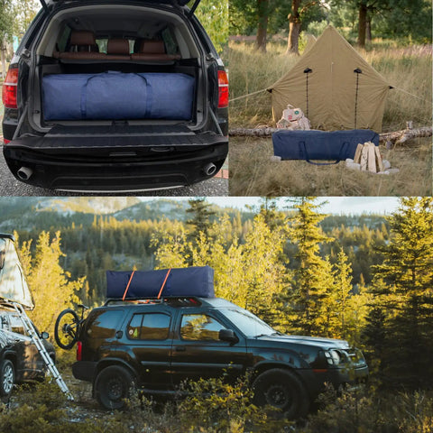 Massive 46 Inch Extra Large Zippered Duffel Bag in black SUV trunk and on camping ground with tent visible