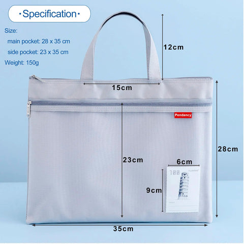 Mesh Zipper Pouch With Double Pocket Waterproof File Bag With Handle, size details, A4, gray, for travel and office