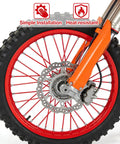 Close-up of dirt bike wheel with 72 Piece Red Spoke Covers For Bikes And Wheelchairs, Universal Fit For 8 To 21 Inch Rims, Easy Install PE Spoke Skins