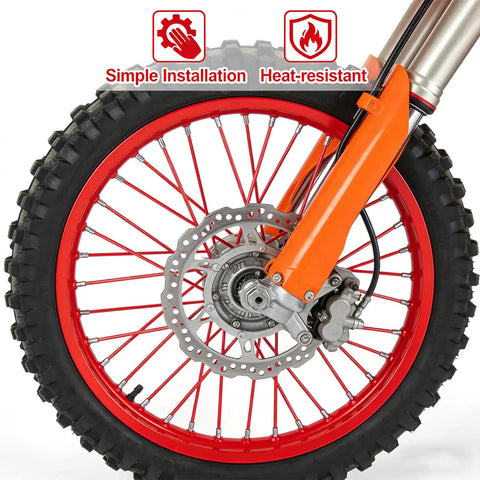 Close-up of dirt bike wheel with 72 Piece Red Spoke Covers For Bikes And Wheelchairs, Universal Fit For 8 To 21 Inch Rims, Easy Install PE Spoke Skins
