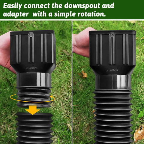 Connection of 2 Pack Gutter Downspout Extensions 138 Inches With Filter, Flexible Corrugated Gutter Pipe, Rain Diverter, Black, close-up