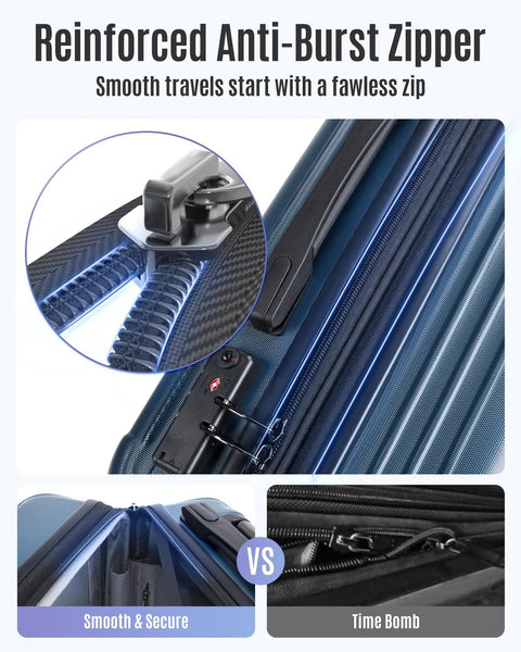 Close-up of reinforced anti-burst zipper on Your Go To Carry On Luggage For Airport Runs With Durable Hardside Shell, Royal Blue Finish