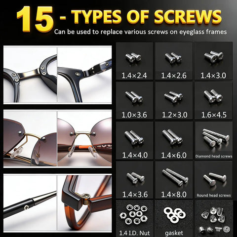 Eyeglass Repair Kit With 15 Screw Types For Eyeglasses Including Frame Screws, Hinge Screws, Nose Pad Screws, Nuts And Washers