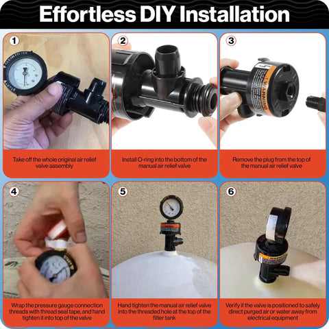 Air relief valve for Pentair pool filter, black plastic inline valve with pressure gauge and installation steps.