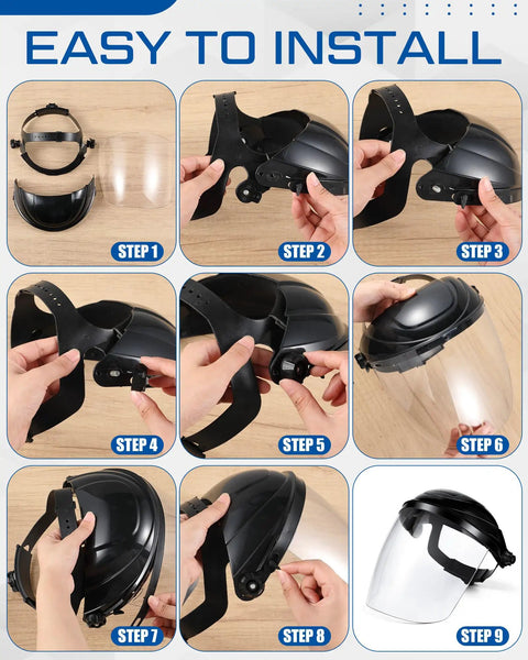 Built Tough Four Pack Safety Face Shield Kit With Rock Solid Impact Resistant Polycarbonate Visor And No Fuss Ratchet Headgear For Daily Grinding Tasks assembly steps showing installation process.