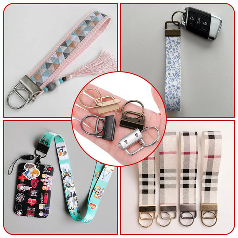 60 Piece Key Fob Hardware Kit With 1 Inch Keychain Parts in multiple finishes, wristlets and lanyards displayed in four sections