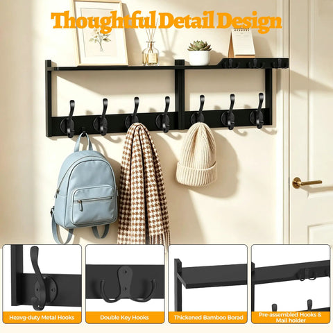 Slick Wall Mount Coat Rack With Bamboo Shelf And Heavy Duty Hooks Perfect For Effortless Entryway Organization, displaying winter accessories.