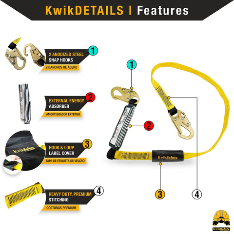 Rock Solid 6 Foot Flat Safety Lanyard With Quick Deploy Shock Absorber And Heavy Duty Yellow Webbing features steel snap hooks and energy absorber.