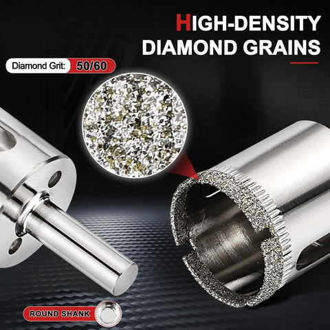 Pro Grade Diamond Hole Saw Set For Tile And Stone Hassle Free Drilling With Cuts Like Butter Edges And Darn Tough 50 To 60 Grit Build showing diamond grains and round shank.