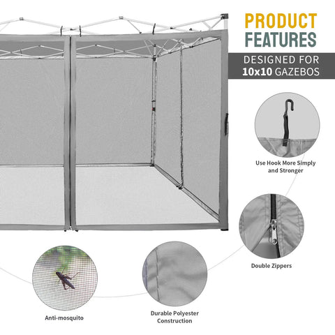 Mosquito Net For 10x10 Gazebo Pop Up Canopy With Zipper Mesh Sidewalls, shown installed with hooks and grey durable material