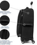 Travelpro Maxlite 5 black softside 21-inch carry-on luggage with four spinner wheels, expandable.