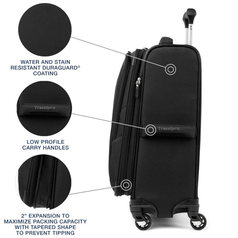 Travelpro Maxlite 5 black softside 21-inch carry-on luggage with four spinner wheels, expandable.